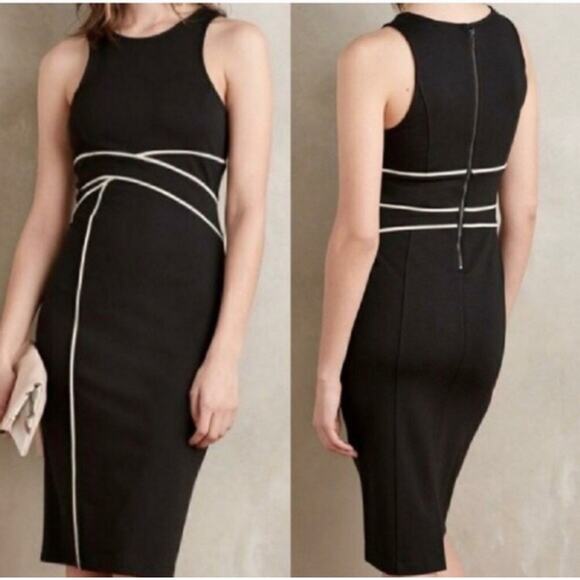 Anthropologie Maeve Classic Midi Dress (8) Black w/ White Piping Cavatina Sheath - Picture 1 of 9